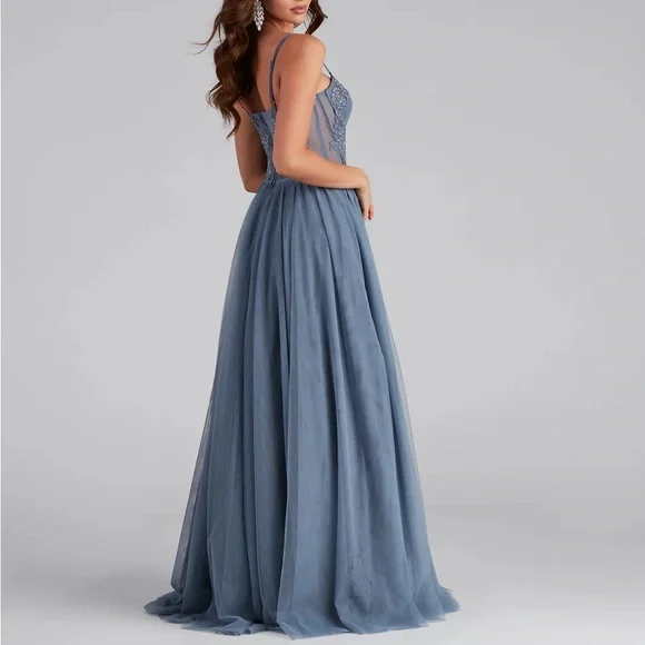 Windsor Blue Mesh Corset Prom Dress - Picture 2 of 12